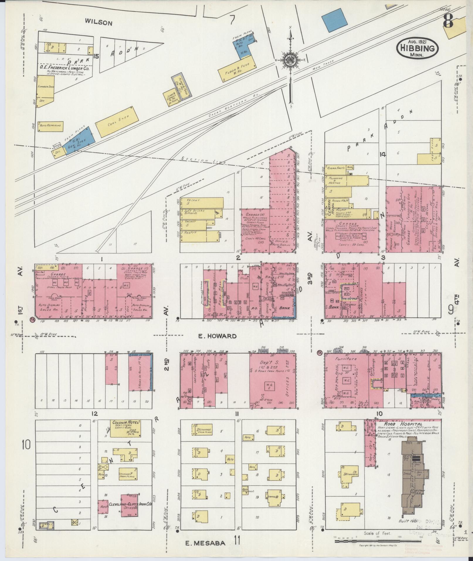 Sanborn Fire Insurance Map from Hibbing, Saint Louis County, Minnesota (1921), Sheet #0008 - Historic Sanborn Fire Insurance Map Print, vintage old map wall art, antique decor, genealogy gift, Minnesota Minnesota map