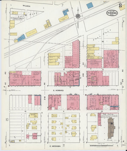 Sanborn Fire Insurance Map from Hibbing, Saint Louis County, Minnesota (1921), Sheet #0008 - Historic Sanborn Fire Insurance Map Print, vintage old map wall art, antique decor, genealogy gift, Minnesota Minnesota map