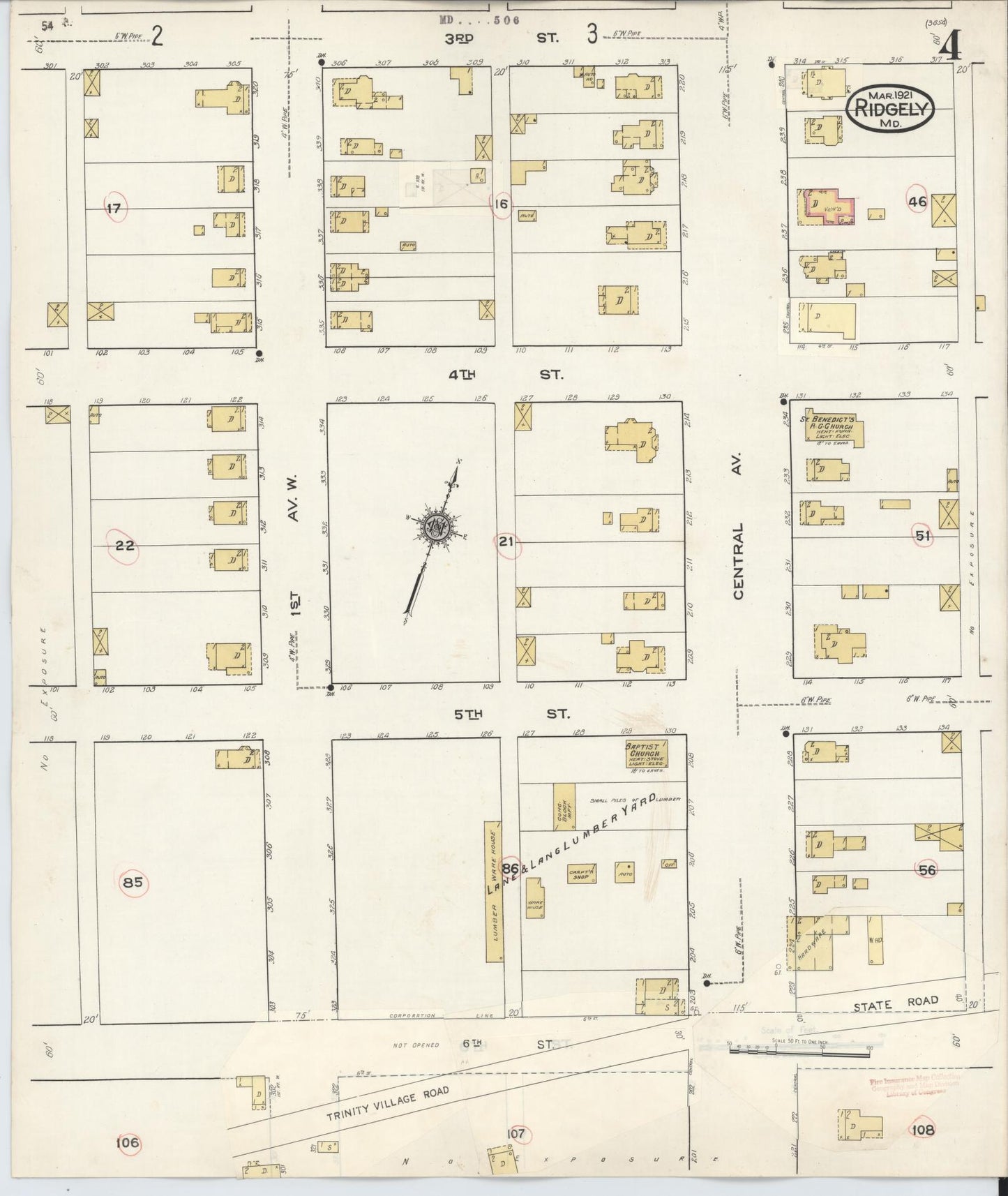 Sanborn Fire Insurance Map from Ridgely, Caroline County, Maryland (1934), Sheet #0004 - Complete Map Set gallery image, historic Sanborn map, vintage wall art, Maryland Maryland