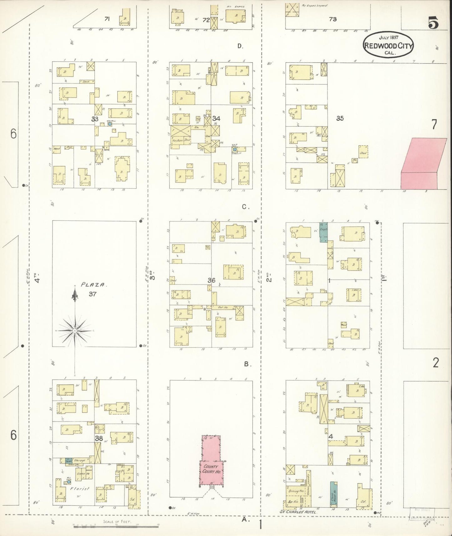 Sanborn Fire Insurance Map from Redwood City, San Mateo County, California (1897), Sheet #0005 - Complete Map Set gallery image, historic Sanborn map, vintage wall art, California California