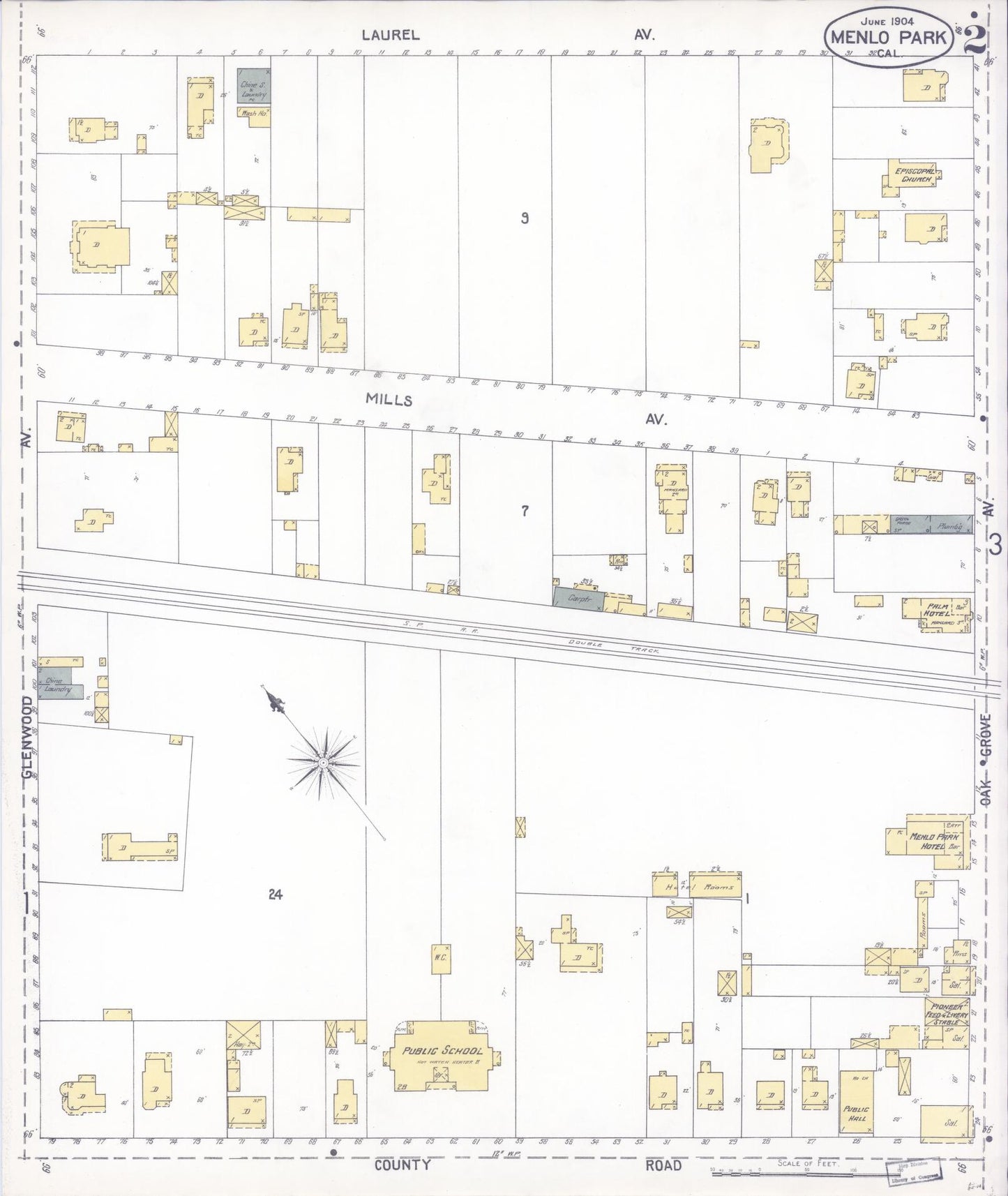 Sanborn Fire Insurance Map from Menlo Park, San Mateo County, California (1904), Sheet #0002 - Historic Sanborn Fire Insurance Map Print, vintage old map wall art, antique decor, genealogy gift, California California map