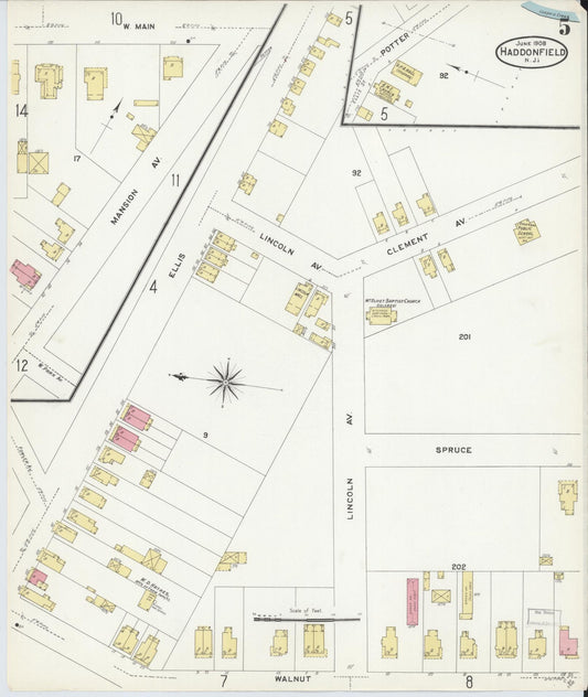 Sanborn Fire Insurance Map from Haddonfield, Camden County, New Jersey (1908), Sheet #0005 - Historic Sanborn Fire Insurance Map Print, vintage old map wall art, antique decor, genealogy gift, New Jersey New Jersey map