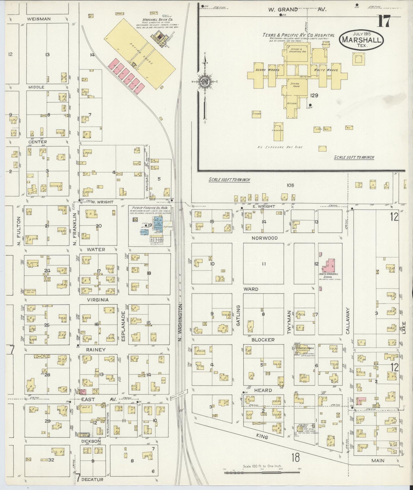 Sanborn Fire Insurance Map from Marshall, Harrison County, Texas (1915), Sheet #0017 - Complete Map Set gallery image, historic Sanborn map, vintage wall art, Texas Texas