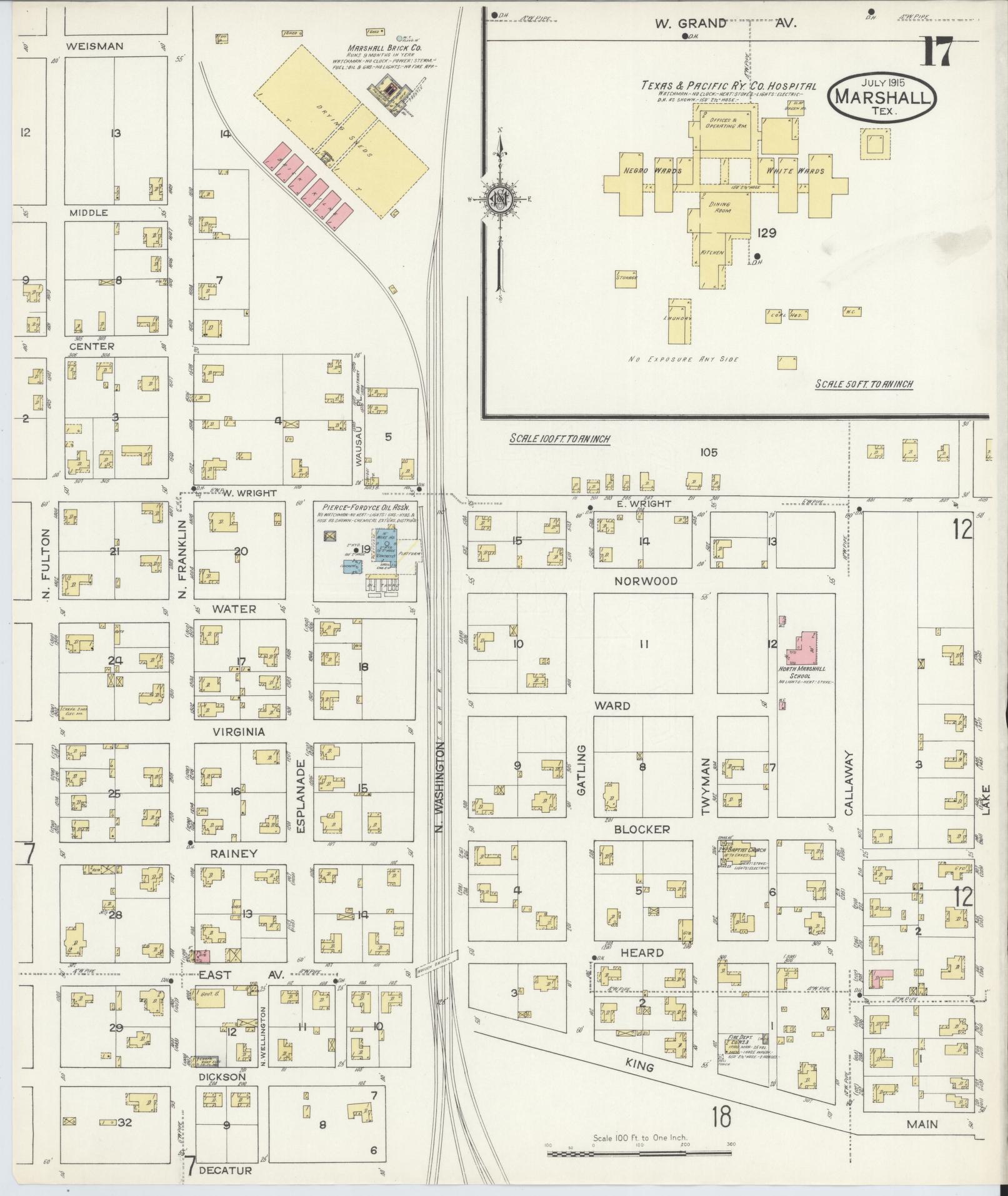 Sanborn Fire Insurance Map from Marshall, Harrison County, Texas (1915), Sheet #0017 - Complete Map Set gallery image, historic Sanborn map, vintage wall art, Texas Texas