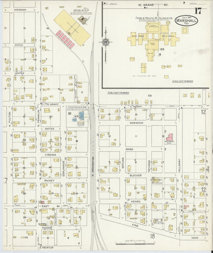 Sanborn Fire Insurance Map from Marshall, Harrison County, Texas (1915), Sheet #0017 - Complete Map Set gallery image, historic Sanborn map, vintage wall art, Texas Texas