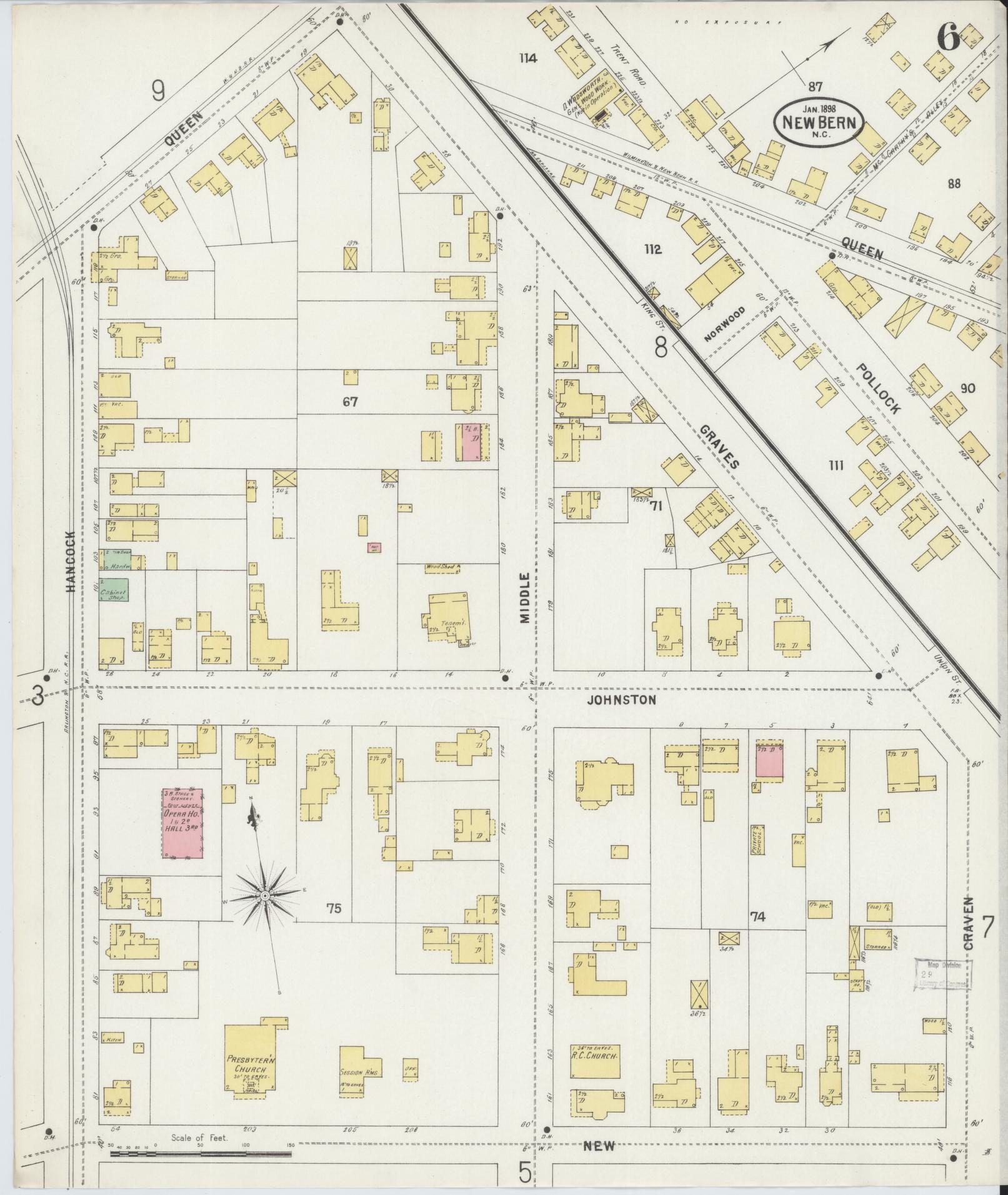 Sanborn Fire Insurance Map from New Bern, Craven County, North Carolina (1898), Sheet #0006 - Historic Sanborn Fire Insurance Map Print, vintage old map wall art, antique decor, genealogy gift, North Carolina North Carolina map