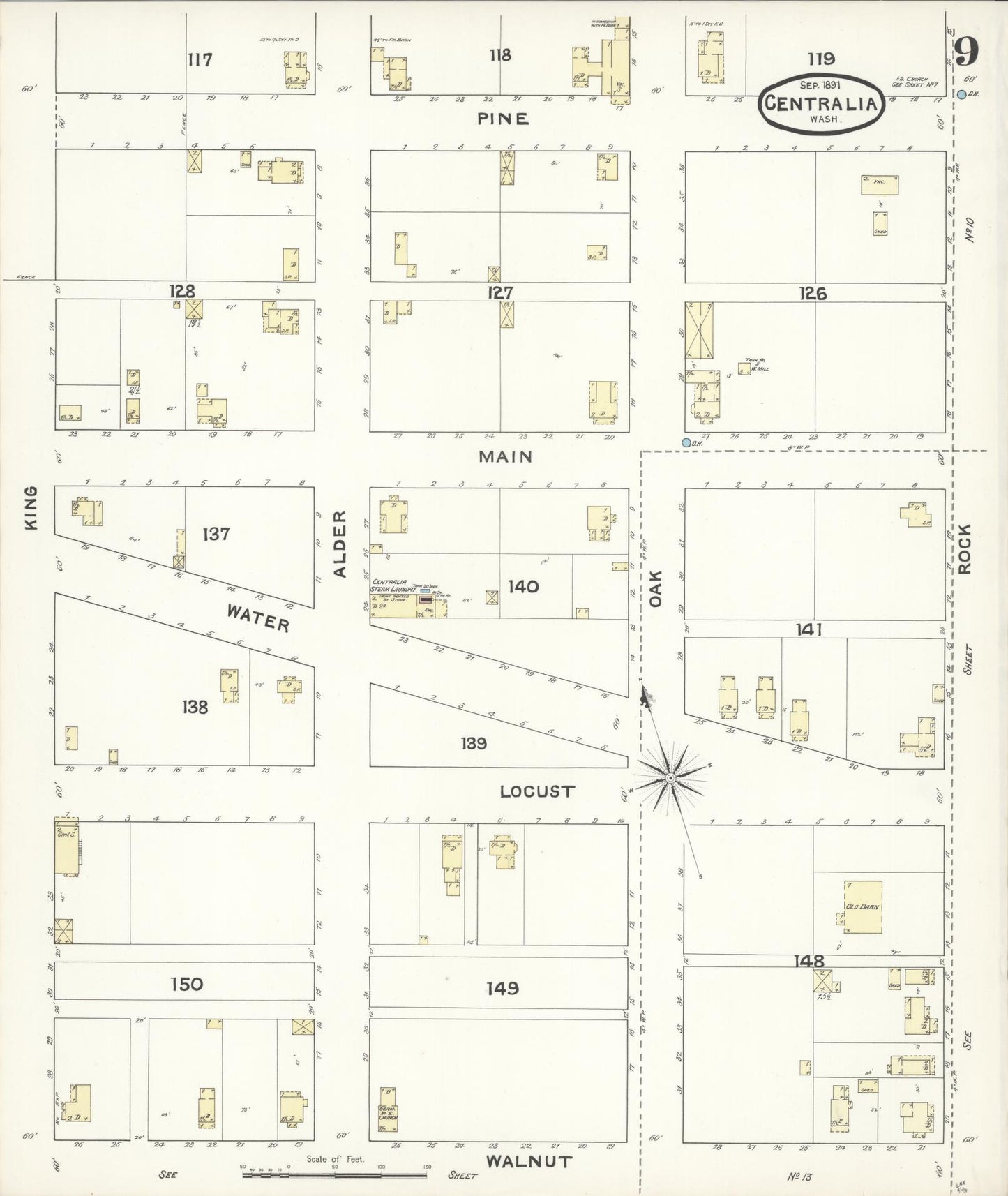 Sanborn Fire Insurance Map from Centralia, Lewis County, Washington (1891), Sheet #0009 - Complete Map Set gallery image, historic Sanborn map, vintage wall art, Washington Washington