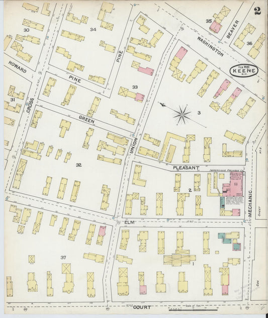 Sanborn Fire Insurance Map from Keene, Cheshire County, New Hampshire (1892), Sheet #0002 - Historic Sanborn Fire Insurance Map Print, vintage old map wall art, antique decor, genealogy gift, New Hampshire New Hampshire map