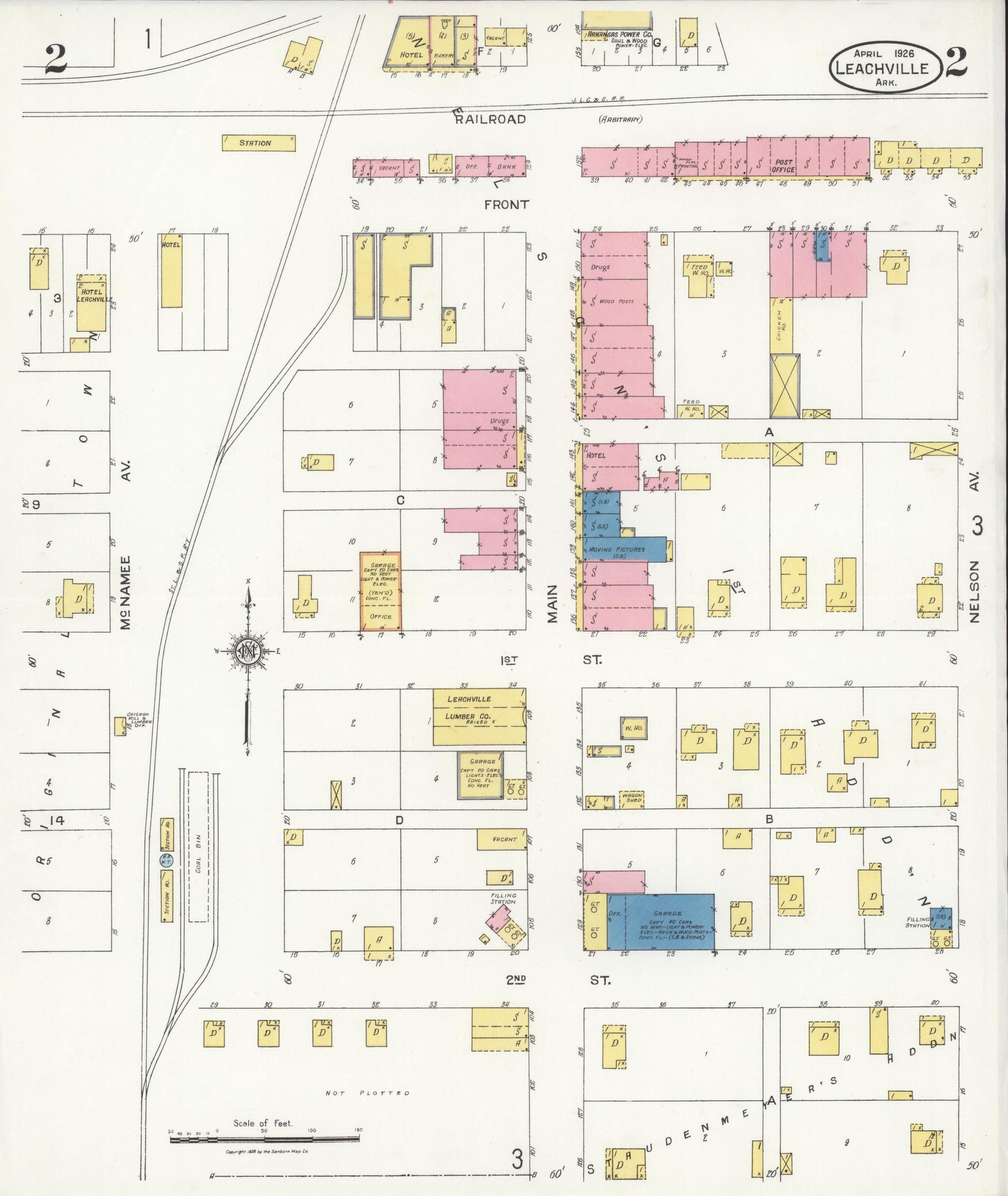 Sanborn Fire Insurance Map from Leachville, Mississippi County, Arkansas (1926), Sheet #0002 - Complete Map Set gallery image, historic Sanborn map, vintage wall art, Arkansas Arkansas