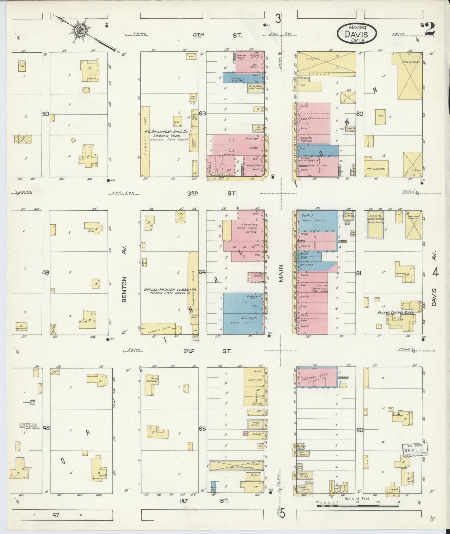 Sanborn Fire Insurance Map from Davis, Murray County, Oklahoma (1914), Sheet #0002 - Historic Sanborn Fire Insurance Map Print, vintage old map wall art, antique decor, genealogy gift, Oklahoma Oklahoma map