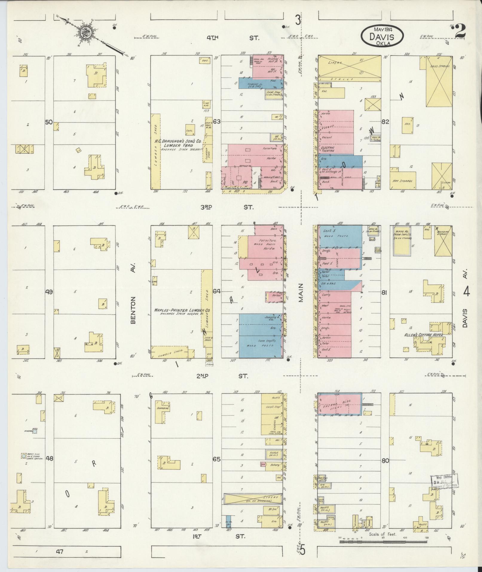 Sanborn Fire Insurance Map from Davis, Murray County, Oklahoma (1914), Sheet #0002 - Historic Sanborn Fire Insurance Map Print, vintage old map wall art, antique decor, genealogy gift, Oklahoma Oklahoma map