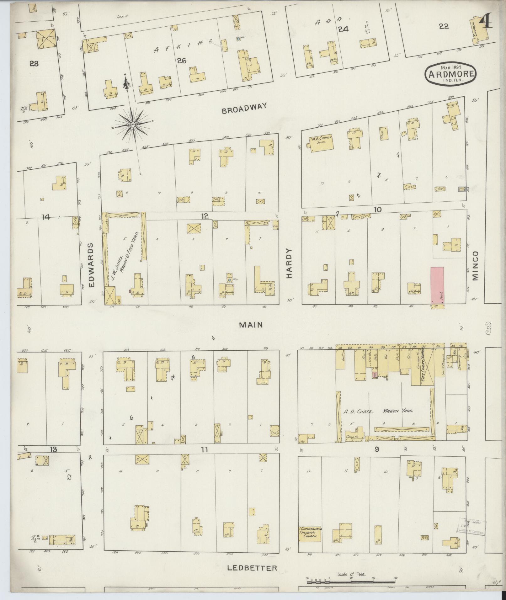 Sanborn Fire Insurance Map from Ardmore, Carter County, Oklahoma (1894), Sheet #0004 - Historic Sanborn Fire Insurance Map Print, vintage old map wall art, antique decor, genealogy gift, Oklahoma Oklahoma map