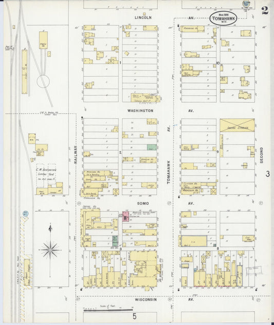 Sanborn Fire Insurance Map from Tomahawk, Lincoln County, Wisconsin (1898), Sheet #0002 - Historic Sanborn Fire Insurance Map Print, vintage old map wall art, antique decor, genealogy gift, Wisconsin Wisconsin map