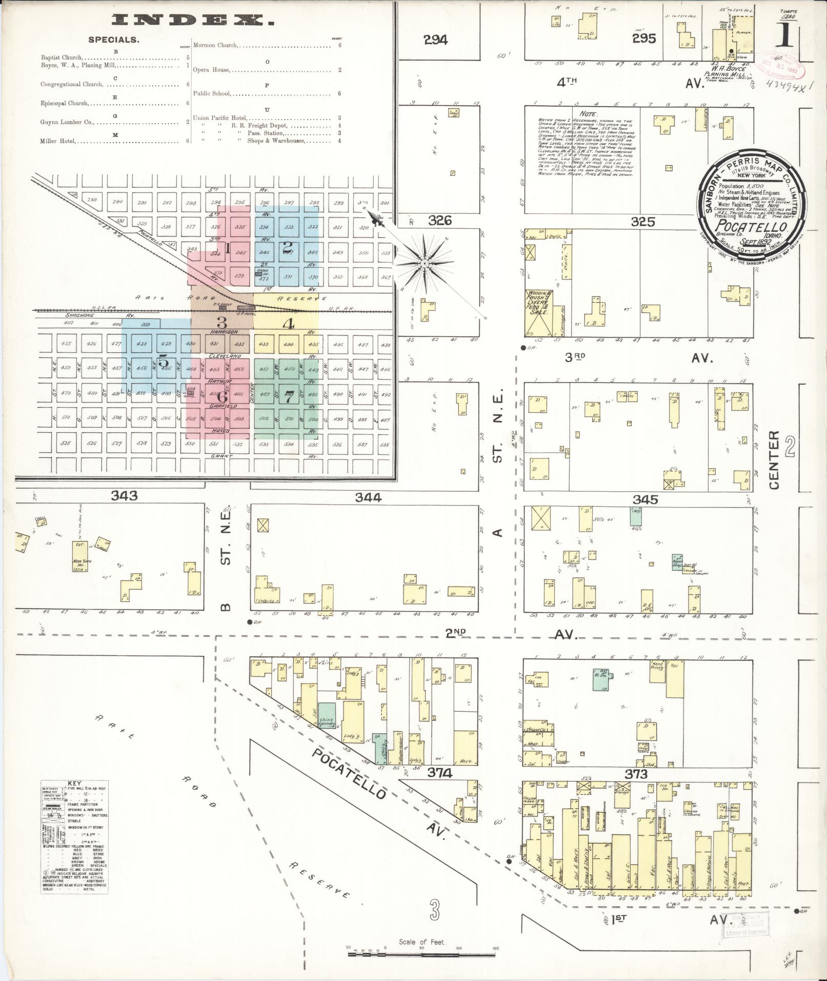 Sanborn Fire Insurance Map from Pocatello, Bannock County, Idaho (1892), Sheet #0001 - Complete Map Set gallery image, historic Sanborn map, vintage wall art, Idaho Idaho