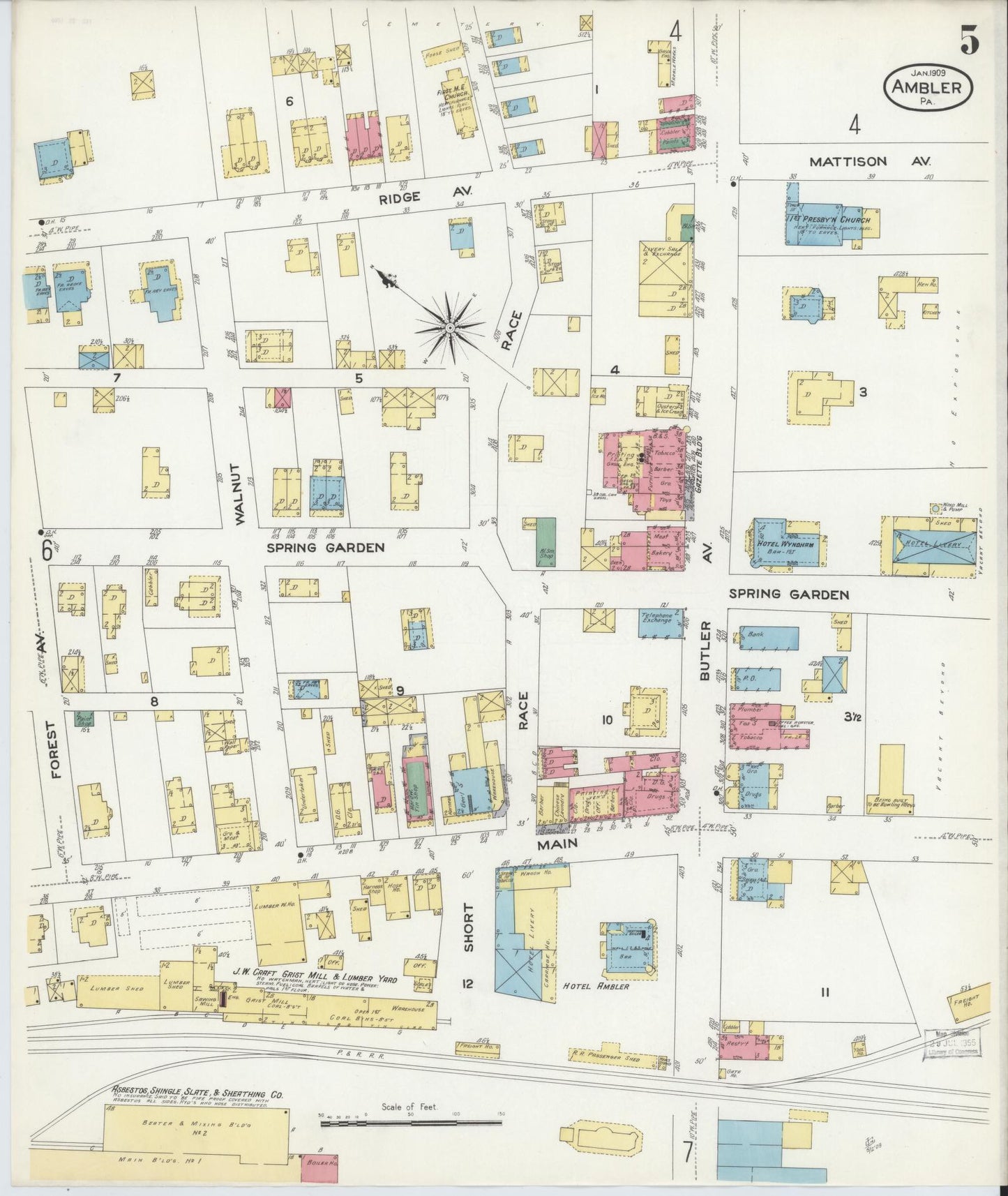 Sanborn Fire Insurance Map from Ambler, Montgomery County, Pennsylvania (1909), Sheet #0005 - Historic Sanborn Fire Insurance Map Print, vintage old map wall art, antique decor, genealogy gift, Pennsylvania Pennsylvania map