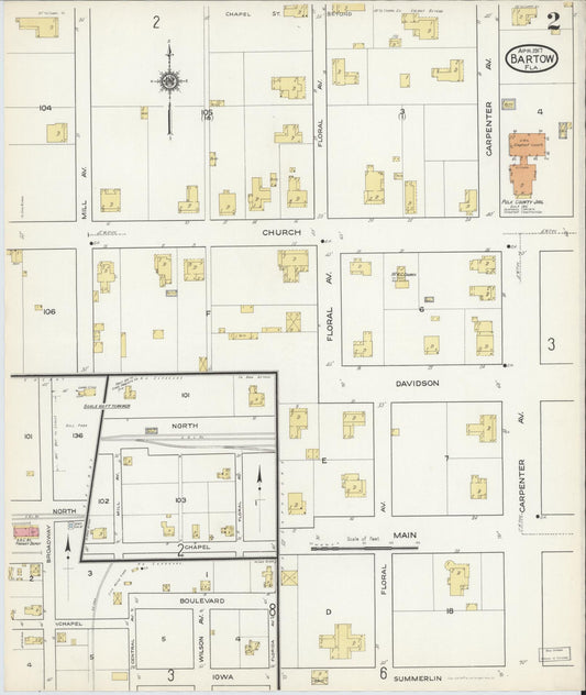 Sanborn Fire Insurance Map from Bartow, Polk County, Florida (1917), Sheet #0002 - Historic Sanborn Fire Insurance Map Print, vintage old map wall art, antique decor, genealogy gift, Florida Florida map