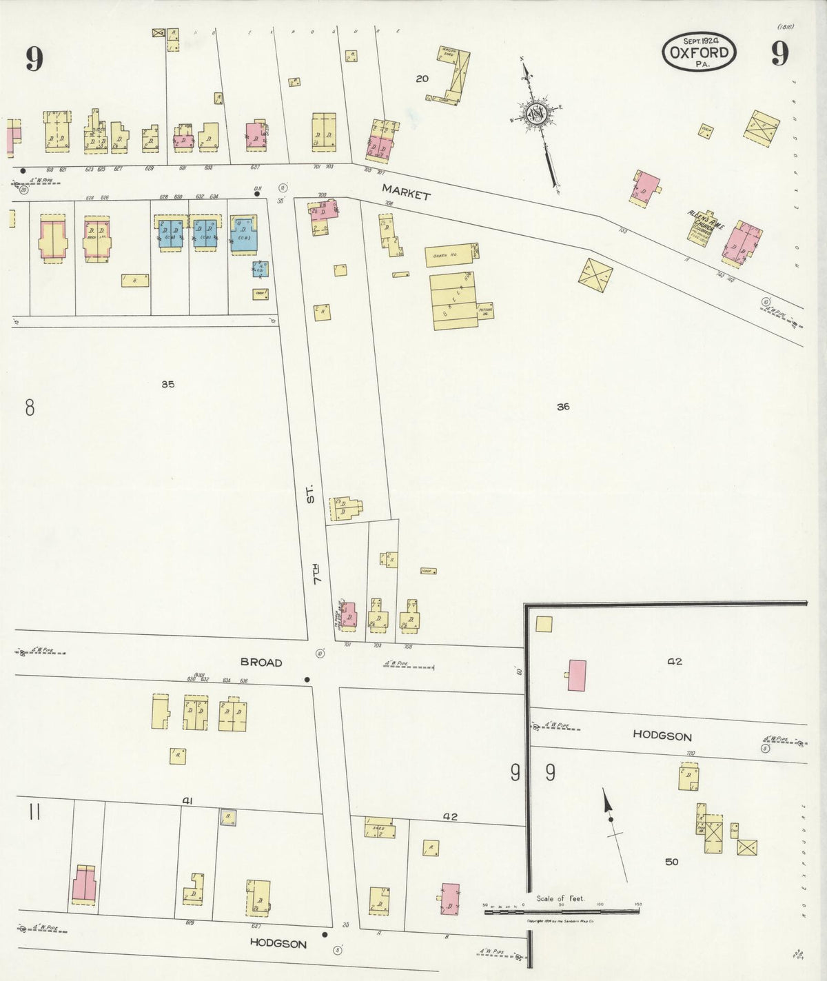 Sanborn Fire Insurance Map from Oxford, Chester County, Pennsylvania (1924), Sheet #0009 - Historic Sanborn Fire Insurance Map Print, vintage old map wall art, antique decor, genealogy gift, Pennsylvania Pennsylvania map