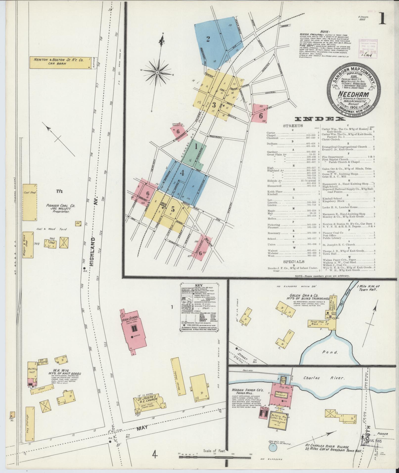 Sanborn Fire Insurance Map from Needham, Norfolk County, Massachusetts (1906), Sheet #0001 - Complete Map Set gallery image, historic Sanborn map, vintage wall art, Massachusetts Massachusetts