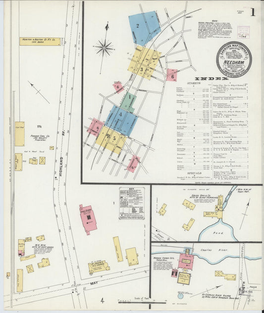 Sanborn Fire Insurance Map from Needham, Norfolk County, Massachusetts (1906), Sheet #0001 - Complete Map Set gallery image, historic Sanborn map, vintage wall art, Massachusetts Massachusetts
