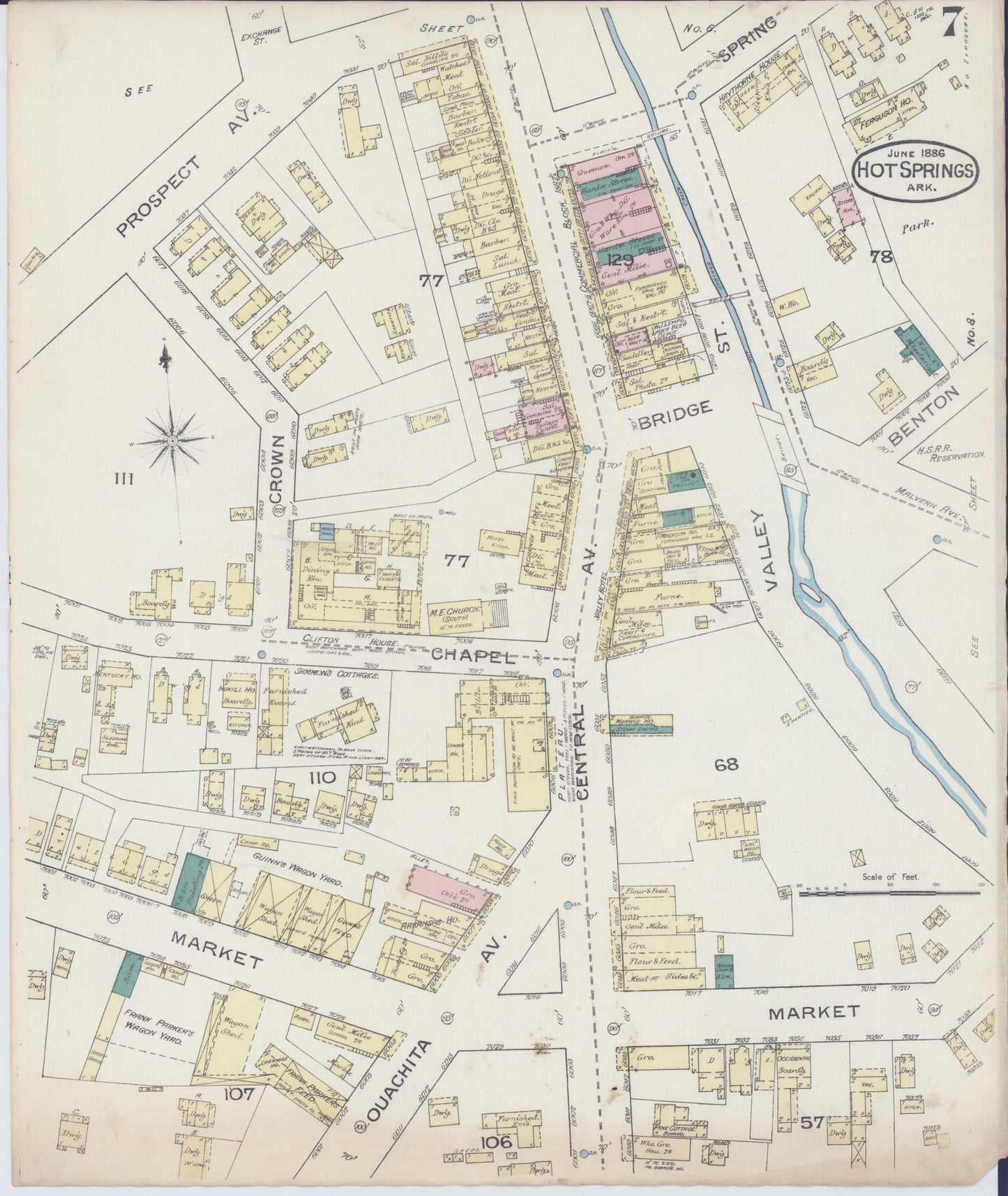 Sanborn Fire Insurance Map from Hot Springs, Garland County, Arkansas (1886), Sheet #0007 - Complete Map Set gallery image, historic Sanborn map, vintage wall art, Arkansas Arkansas