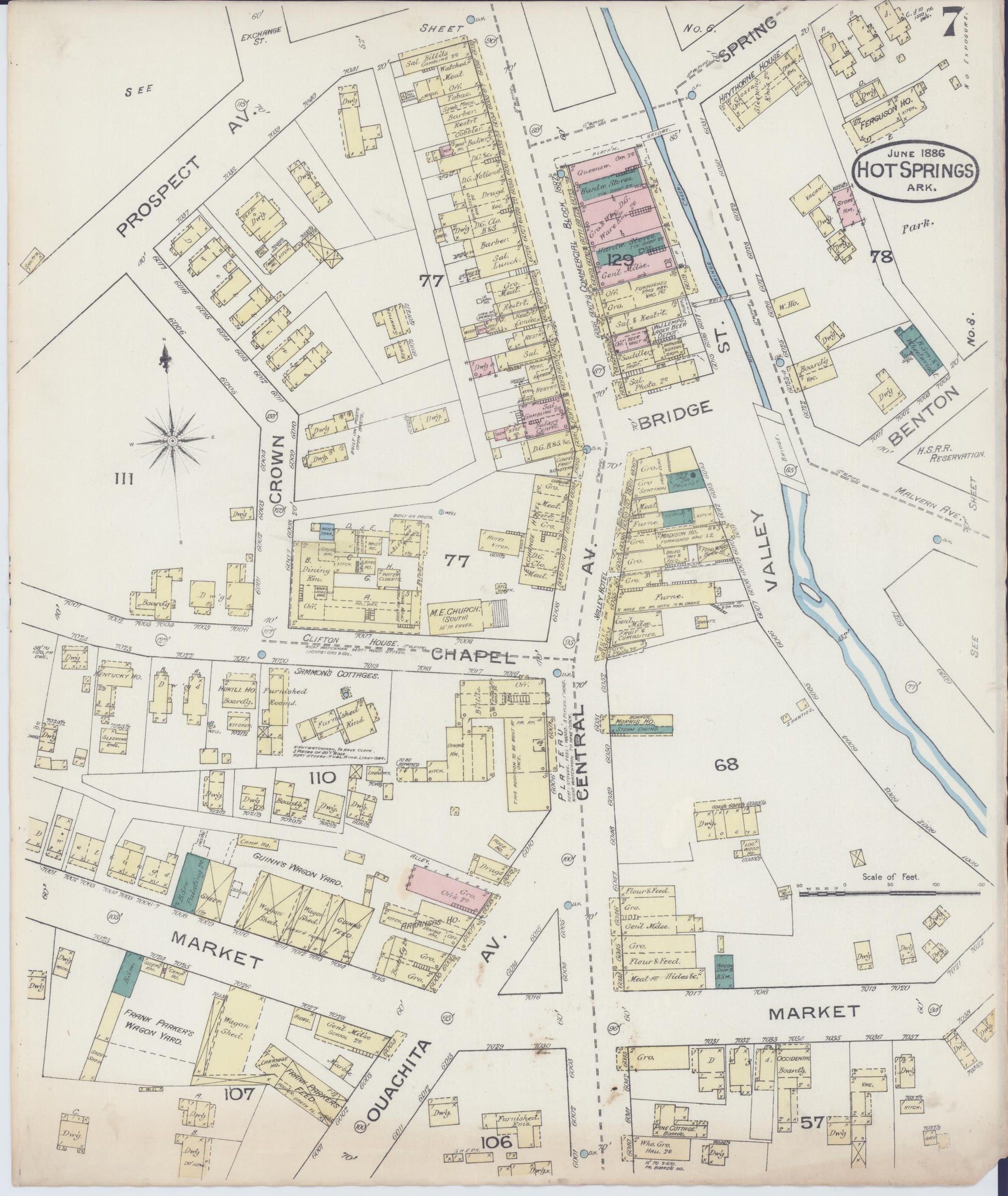 Sanborn Fire Insurance Map from Hot Springs, Garland County, Arkansas (1886), Sheet #0007 - Complete Map Set gallery image, historic Sanborn map, vintage wall art, Arkansas Arkansas