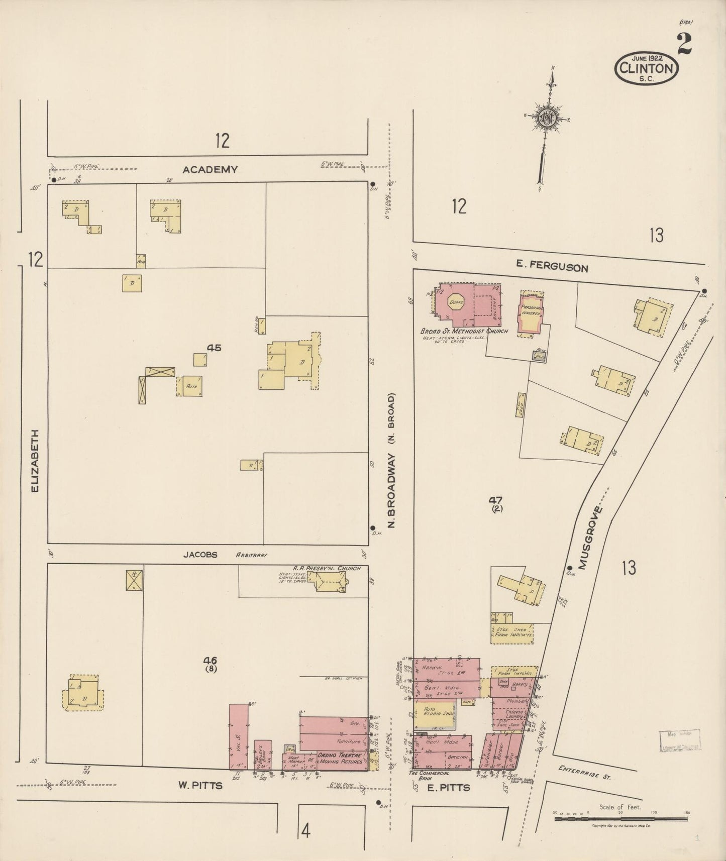 Sanborn Fire Insurance Map from Clinton, Laurens County, South Carolina (1922), Sheet #0002 - Historic Sanborn Fire Insurance Map Print, vintage old map wall art, antique decor, genealogy gift, South Carolina South Carolina map