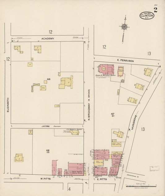 Sanborn Fire Insurance Map from Clinton, Laurens County, South Carolina (1922), Sheet #0002 - Historic Sanborn Fire Insurance Map Print, vintage old map wall art, antique decor, genealogy gift, South Carolina South Carolina map