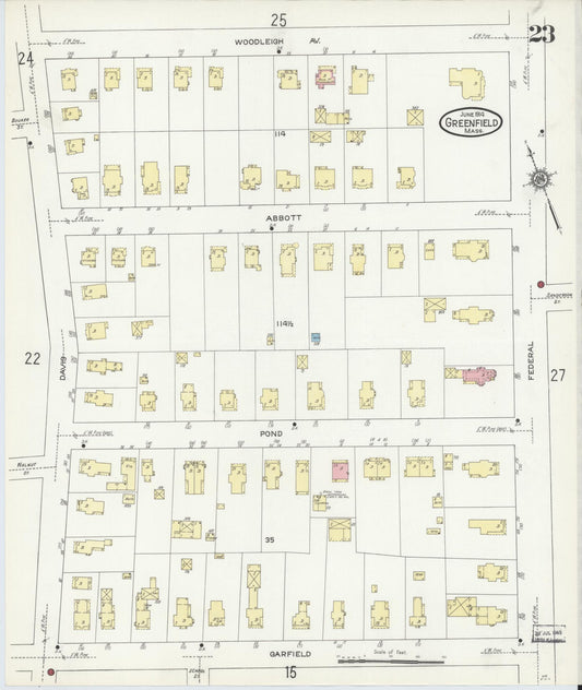 Sanborn Fire Insurance Map from Greenfield, Franklin County, Massachusetts (1914), Sheet #0023 - Historic Sanborn Fire Insurance Map Print, vintage old map wall art, antique decor, genealogy gift, Massachusetts Massachusetts map