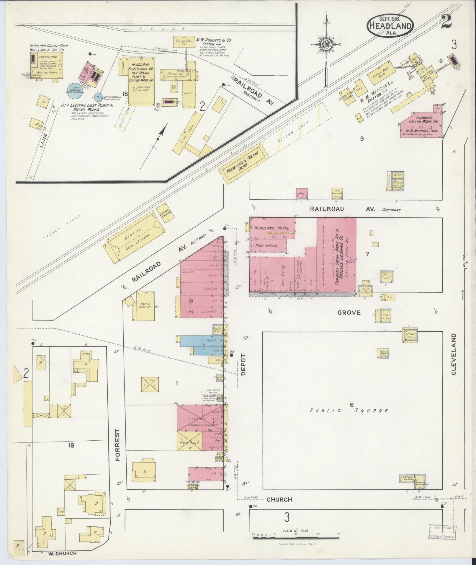 Sanborn Fire Insurance Map from Headland, Henry County, Alabama (1916), Sheet #0002 - Complete Map Set gallery image, historic Sanborn map, vintage wall art, Alabama Alabama