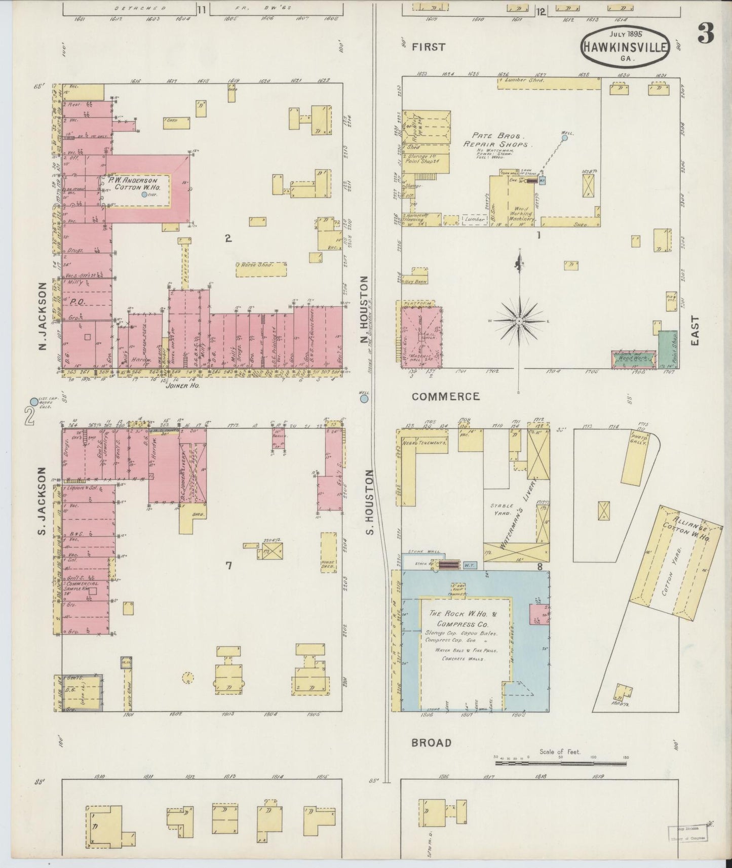 Sanborn Fire Insurance Map from Hawkinsville, Pulaski County, Georgia (1895), Sheet #0003 - Historic Sanborn Fire Insurance Map Print, vintage old map wall art, antique decor, genealogy gift, Georgia Georgia map