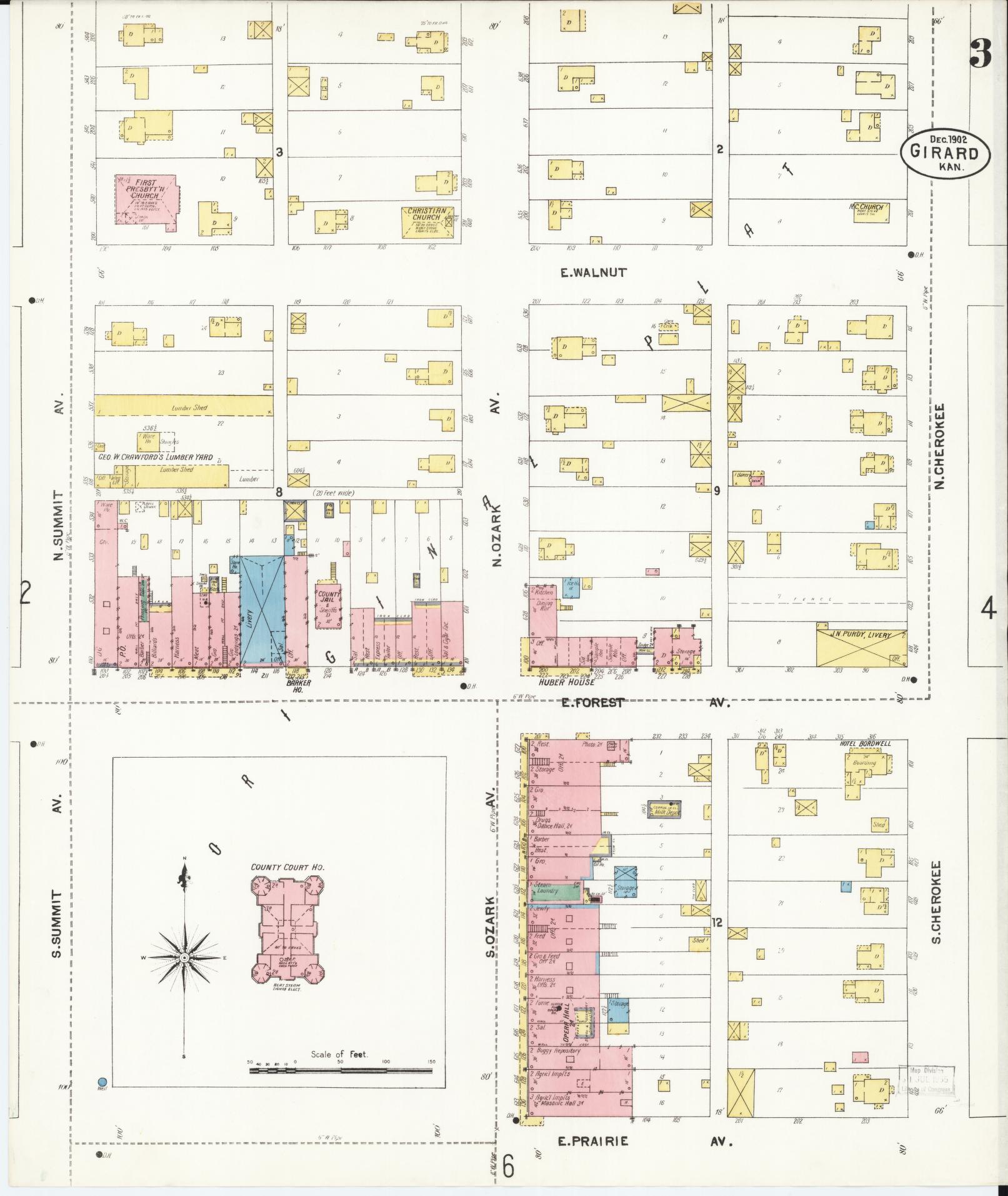 Sanborn Fire Insurance Map from Girard, Crawford County, Kansas (1902), Sheet #0003 - Complete Map Set gallery image, historic Sanborn map, vintage wall art, Kansas Kansas