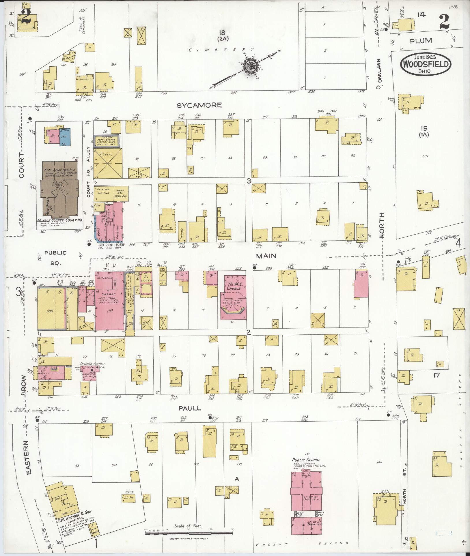 Sanborn Fire Insurance Map from Woodsfield, Monroe County, Ohio (1923), Sheet #0002 - Complete Map Set gallery image, historic Sanborn map, vintage wall art, Ohio Ohio