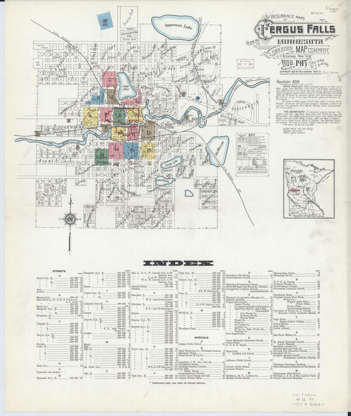 Sanborn Fire Insurance Map from Fergus Falls, Otter Tail County, Minnesota (1915), Sheet #0001 - Complete Map Set gallery image, historic Sanborn map, vintage wall art, Minnesota Minnesota