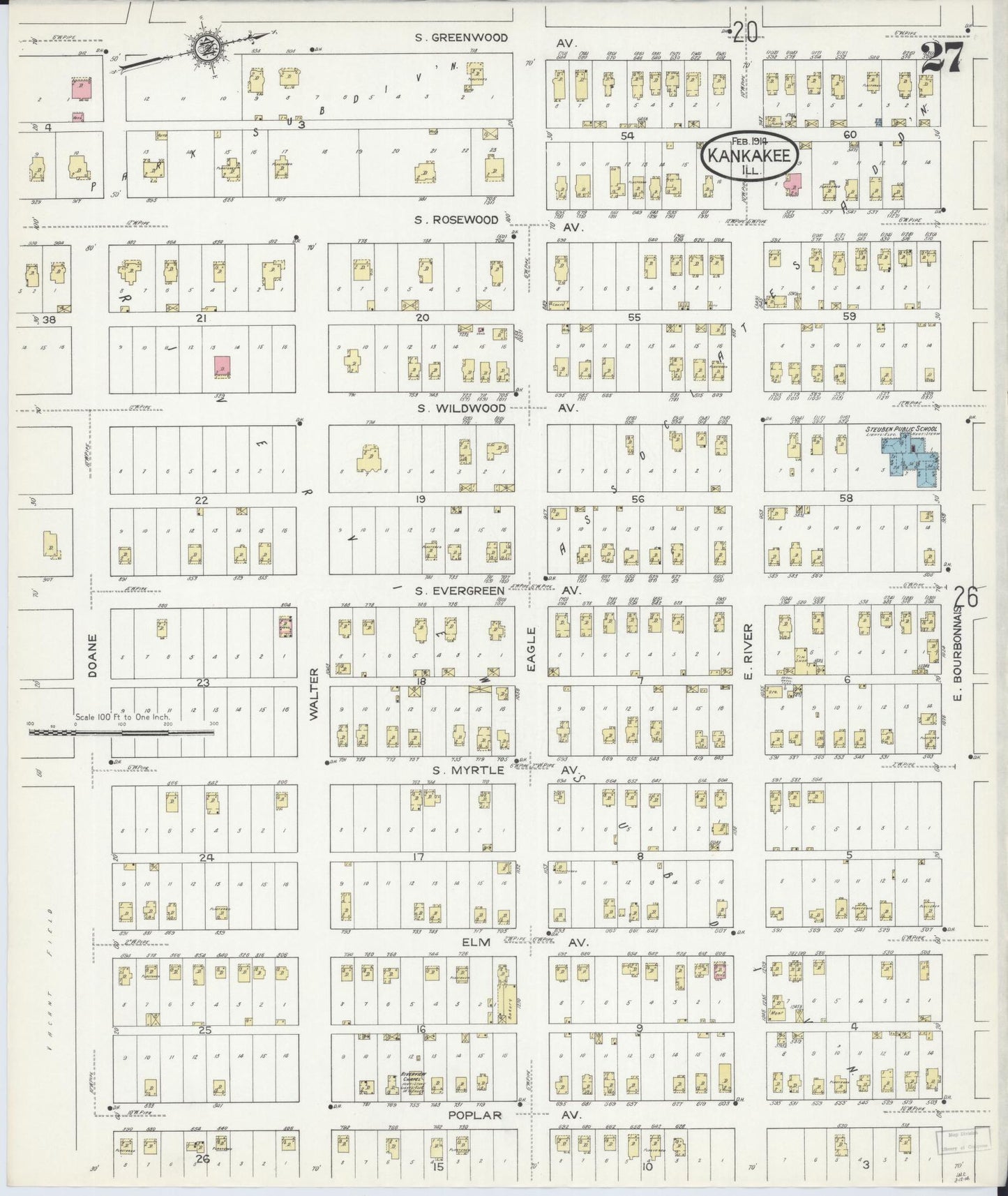 Sanborn Fire Insurance Map from Kankakee, Kankakee County, Illinois (1914), Sheet #0027 - Complete Map Set gallery image, historic Sanborn map, vintage wall art, Illinois Illinois