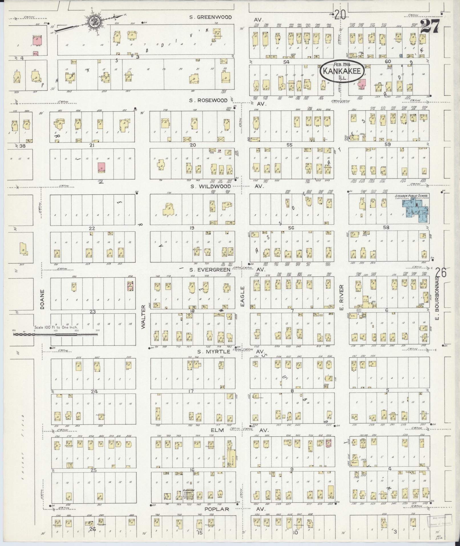 Sanborn Fire Insurance Map from Kankakee, Kankakee County, Illinois (1914), Sheet #0027 - Complete Map Set gallery image, historic Sanborn map, vintage wall art, Illinois Illinois