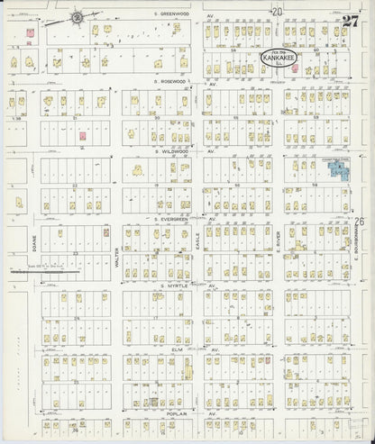 Sanborn Fire Insurance Map from Kankakee, Kankakee County, Illinois (1914), Sheet #0027 - Complete Map Set gallery image, historic Sanborn map, vintage wall art, Illinois Illinois