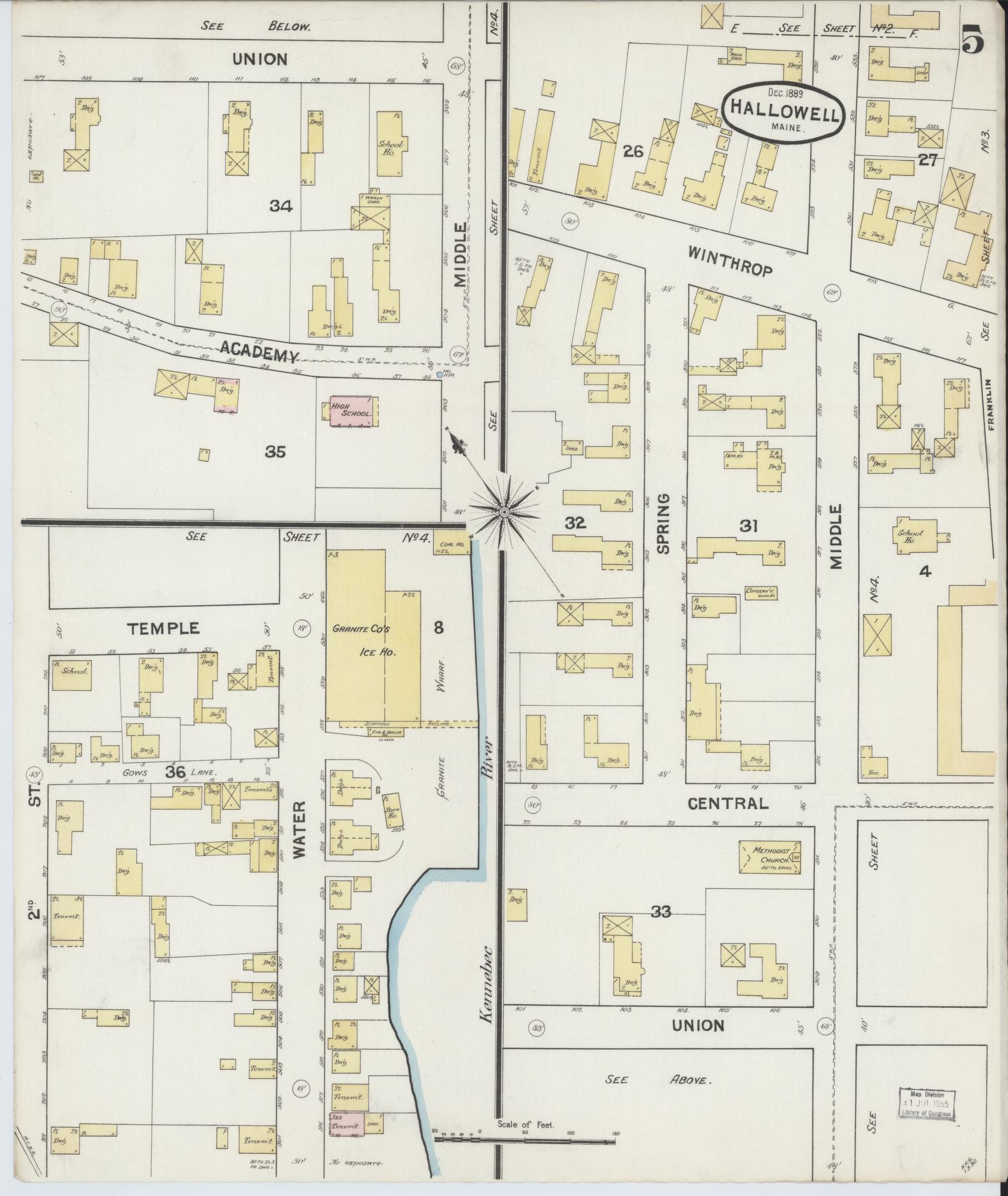 Sanborn Fire Insurance Map from Hallowell, Kennebec County, Maine (1889), Sheet #0005 - Historic Sanborn Fire Insurance Map Print, vintage old map wall art, antique decor, genealogy gift, Maine Maine map