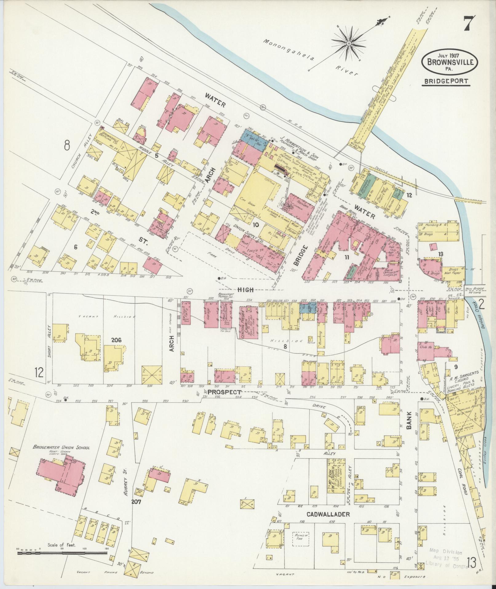 Sanborn Fire Insurance Map from Brownsville, Fayette County, Pennsylvania (1907), Sheet #0007 - Historic Sanborn Fire Insurance Map Print, vintage old map wall art, antique decor, genealogy gift, Pennsylvania Pennsylvania map