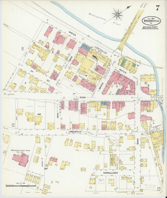 Sanborn Fire Insurance Map from Brownsville, Fayette County, Pennsylvania (1907), Sheet #0007 - Historic Sanborn Fire Insurance Map Print, vintage old map wall art, antique decor, genealogy gift, Pennsylvania Pennsylvania map