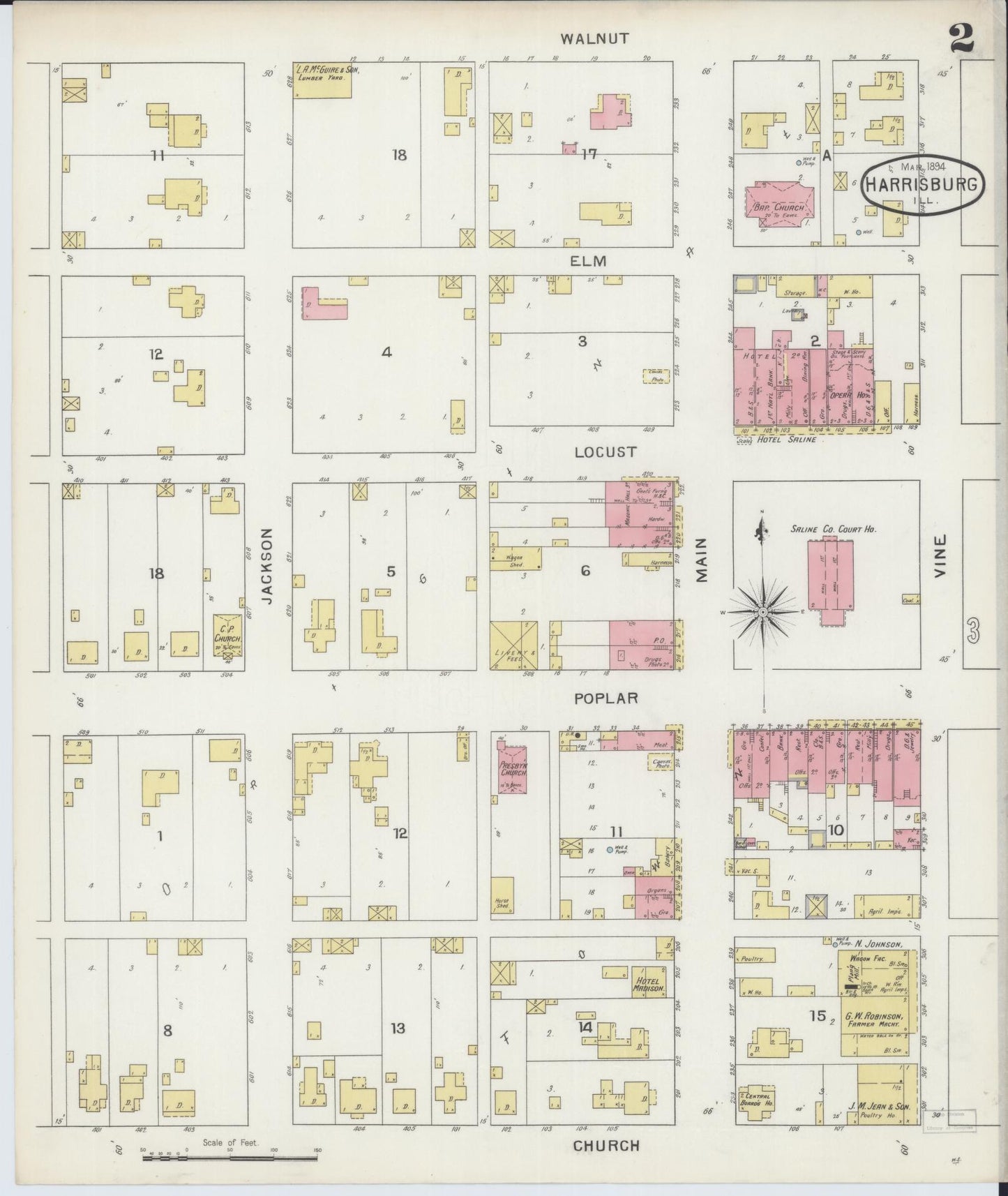 Sanborn Fire Insurance Map from Harrisburg, Saline County, Illinois (1894), Sheet #0002 - Complete Map Set gallery image, historic Sanborn map, vintage wall art, Illinois Illinois