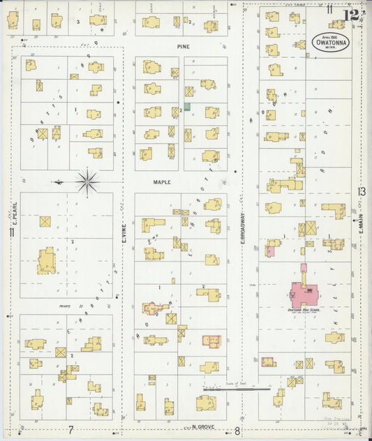 Sanborn Fire Insurance Map from Owatonna, Steele County, Minnesota (1900), Sheet #0012 - Historic Sanborn Fire Insurance Map Print, vintage old map wall art, antique decor, genealogy gift, Minnesota Minnesota map