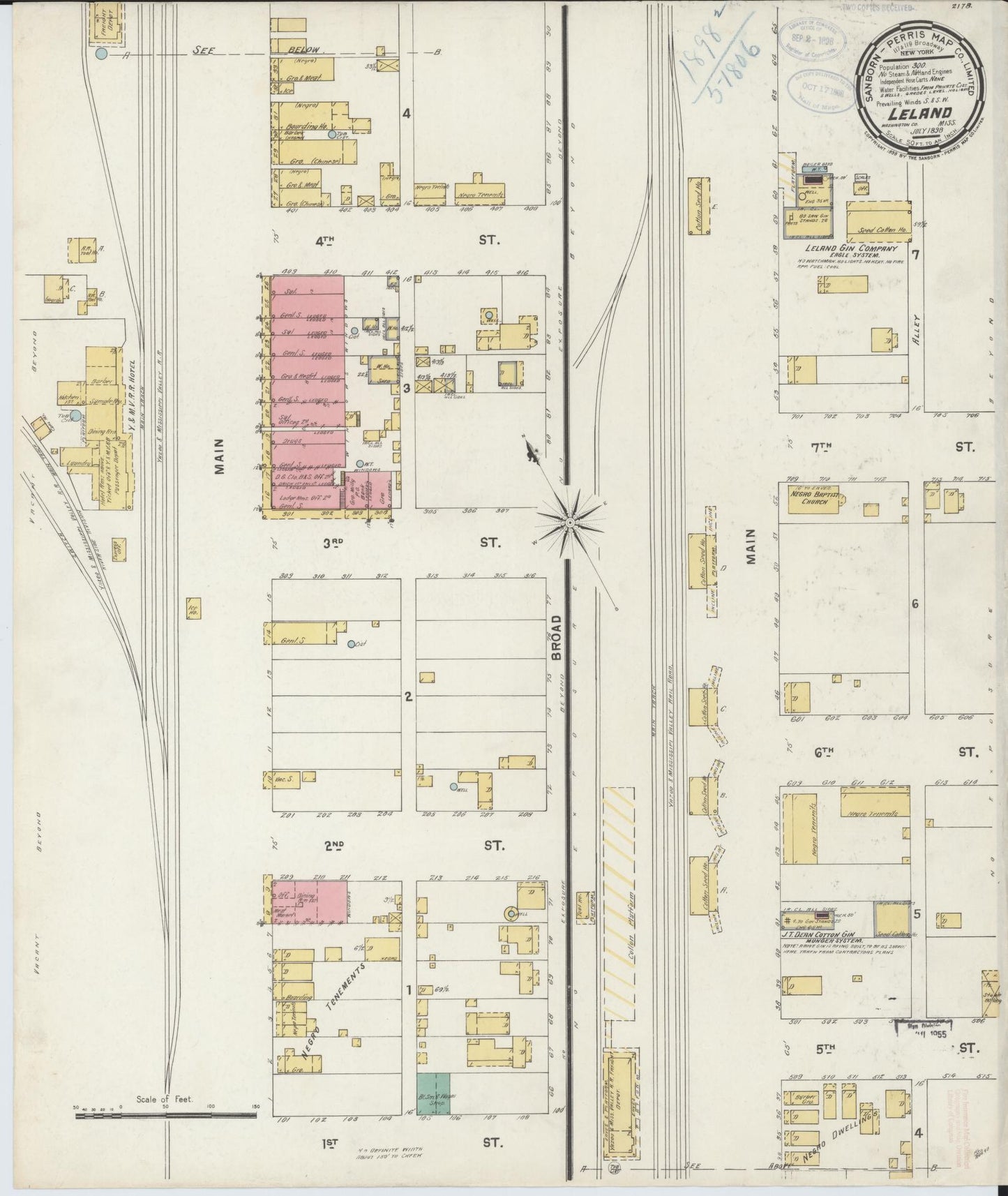 Sanborn Fire Insurance Map from Leland, Washington County, Mississippi (1898), Sheet #0001 - Historic Sanborn Fire Insurance Map Print, vintage old map wall art, antique decor, genealogy gift, Mississippi Mississippi map