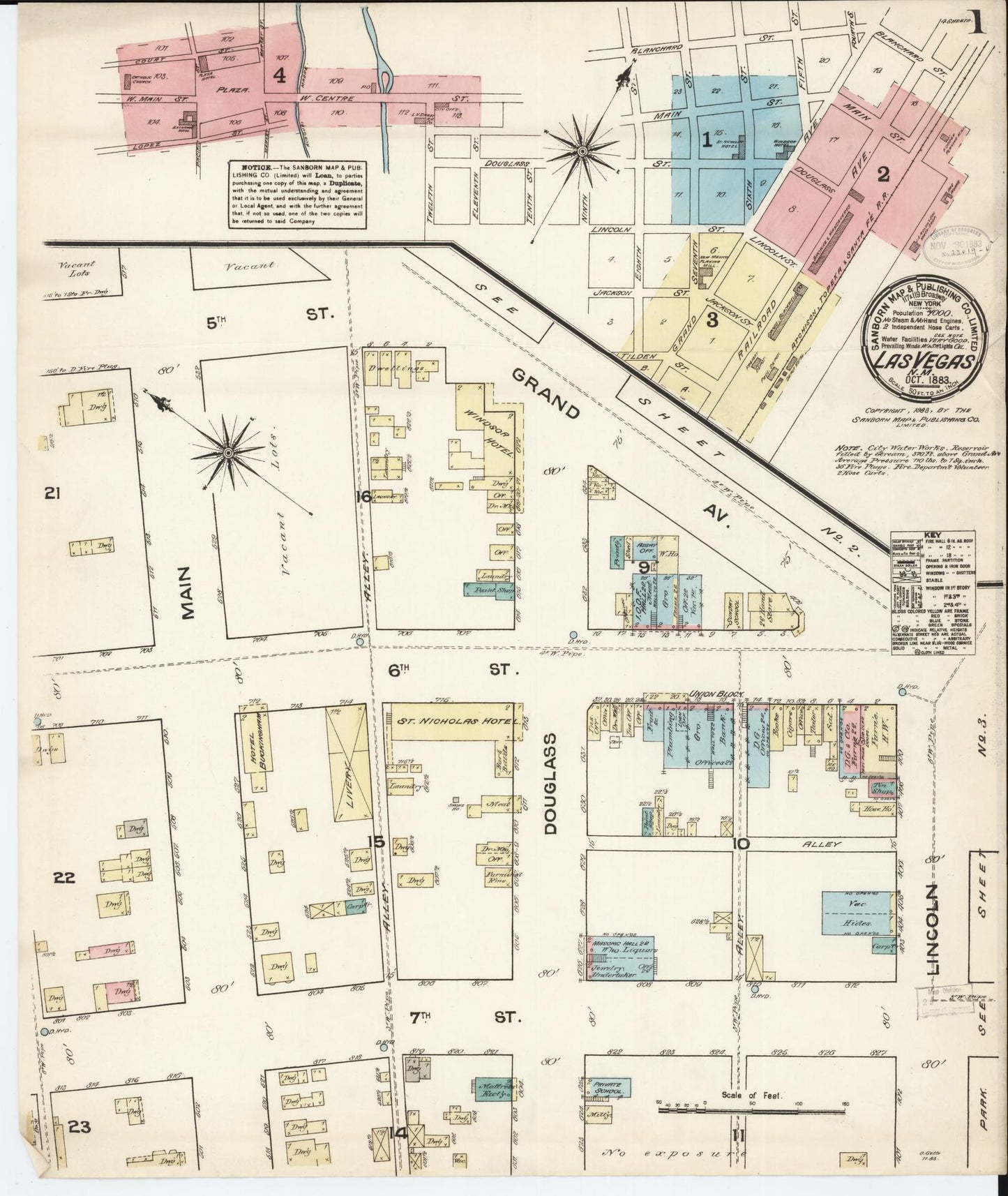 Sanborn Fire Insurance Map from Las Vegas, San Miguel County, New Mexico (1883), Sheet #0001 - Historic Sanborn Fire Insurance Map Print, vintage old map wall art, antique decor, genealogy gift, New Mexico New Mexico map