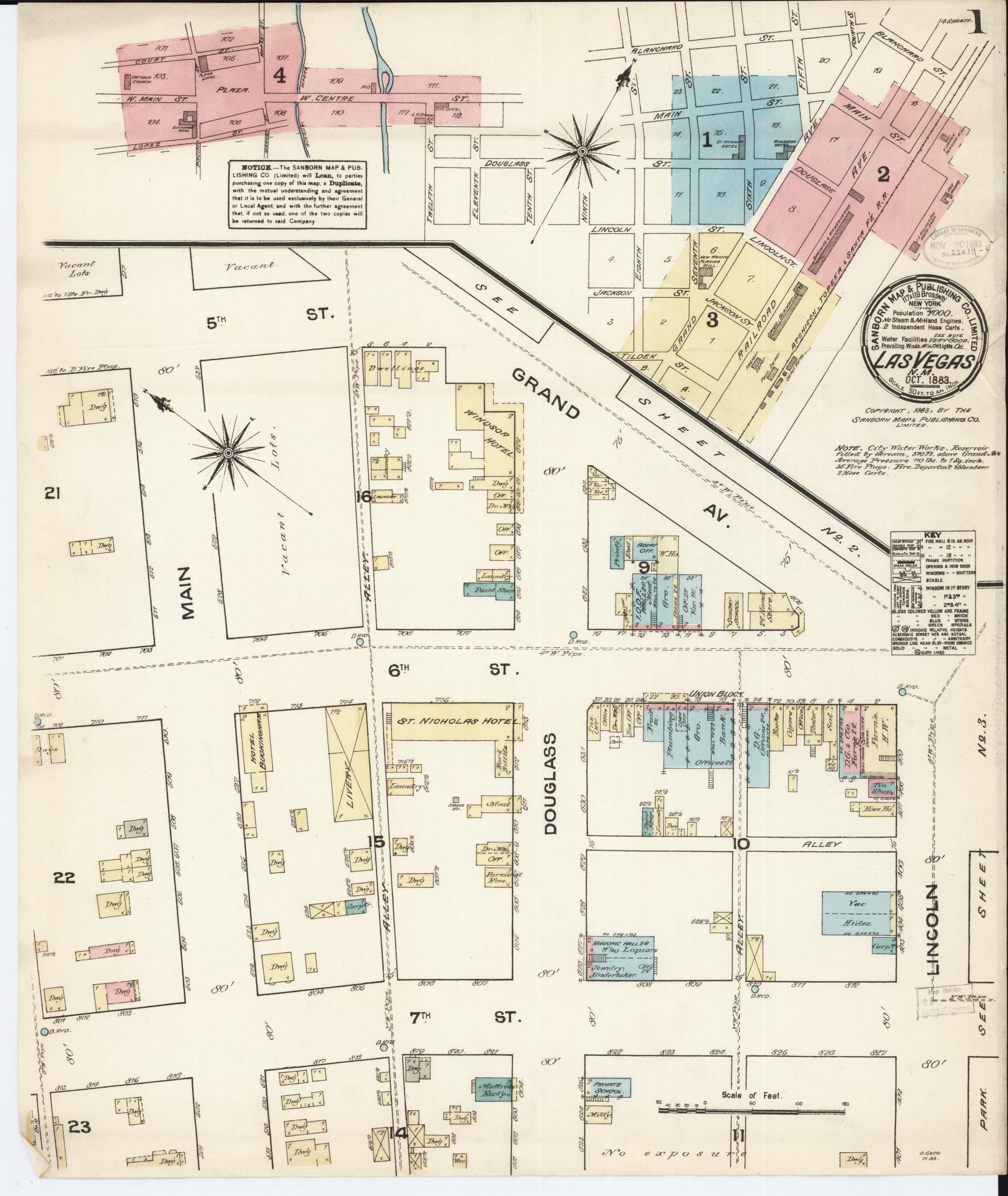 Sanborn Fire Insurance Map from Las Vegas, San Miguel County, New Mexico (1883), Sheet #0001 - Historic Sanborn Fire Insurance Map Print, vintage old map wall art, antique decor, genealogy gift, New Mexico New Mexico map