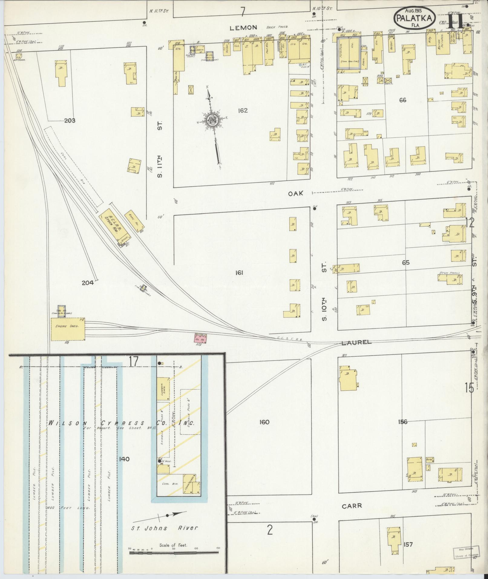 Sanborn Fire Insurance Map from Palatka, Putnam County, Florida (1915), Sheet #0011 - Complete Map Set gallery image, historic Sanborn map, vintage wall art, Florida Florida