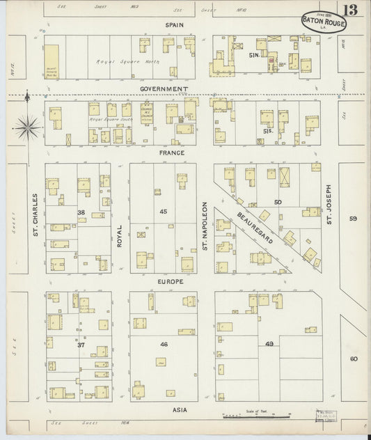 Sanborn Fire Insurance Map from Baton Rouge, East Baton Rouge Parish, Louisiana (1891), Sheet #0013 - Historic Sanborn Fire Insurance Map Print, vintage old map wall art, antique decor, genealogy gift, Louisiana Louisiana map