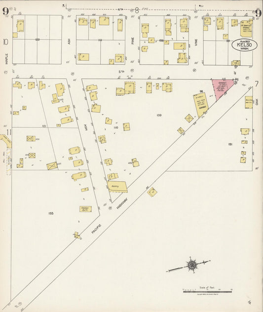 Sanborn Fire Insurance Map from Kelso, Cowlitz County, Washington (1923), Sheet #0009 - Historic Sanborn Fire Insurance Map Print, vintage old map wall art, antique decor, genealogy gift, Washington Washington map