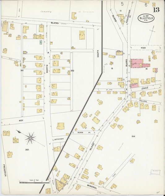 Sanborn Fire Insurance Map from Bluefield, Mercer County, West Virginia (1907), Sheet #0013 - Historic Sanborn Fire Insurance Map Print, vintage old map wall art, antique decor, genealogy gift, West Virginia West Virginia map