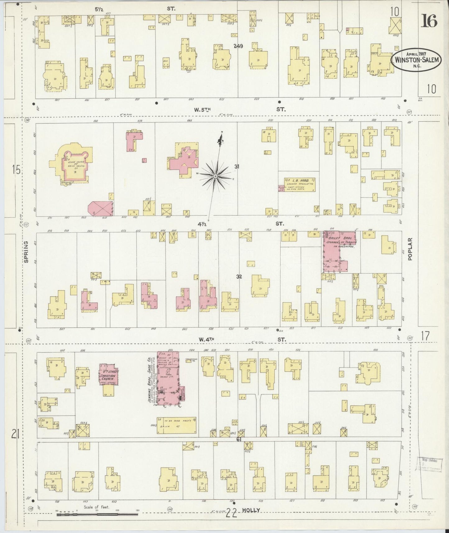 Sanborn Fire Insurance Map from Winston-Salem, Forsyth County, North Carolina (1907), Sheet #0016 - Historic Sanborn Fire Insurance Map Print, vintage old map wall art, antique decor, genealogy gift, North Carolina North Carolina map