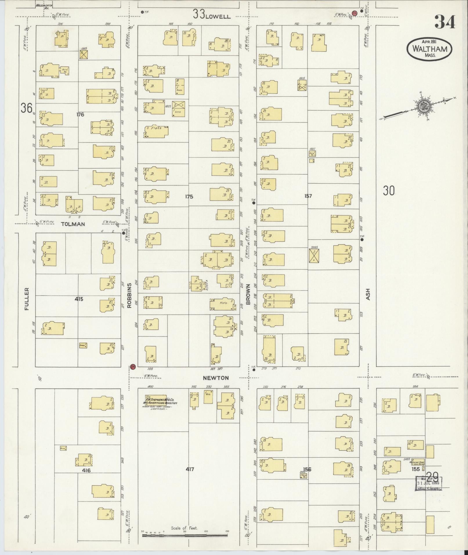 Sanborn Fire Insurance Map from Waltham, Middlesex County, Massachusetts (1911), Sheet #0034 - Historic Sanborn Fire Insurance Map Print, vintage old map wall art, antique decor, genealogy gift, Massachusetts Massachusetts map